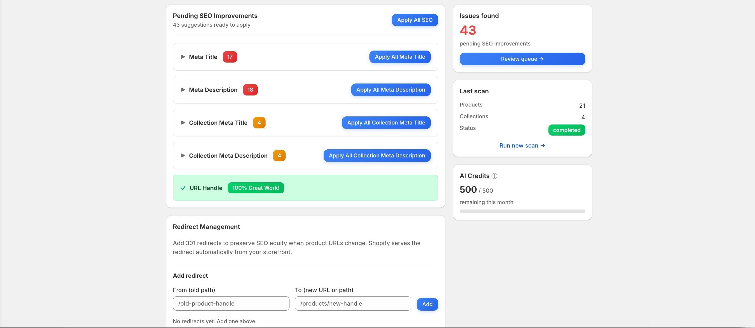 Beacon SEO Audit view: Pending SEO Improvements dashboard with 43 suggestions across Meta Title, Meta Description, Collection Meta, URL Handle, and 301 Redirects.